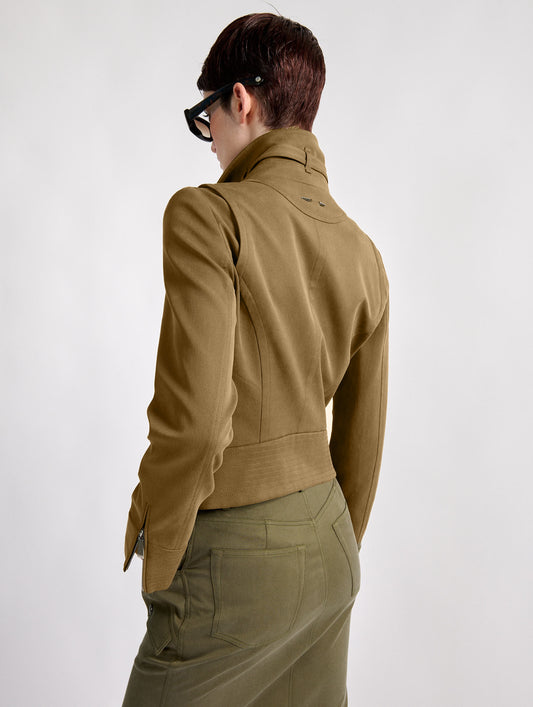 Camel stretch gabardine high-collar jacket