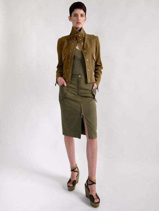 Camel stretch gabardine high-collar jacket