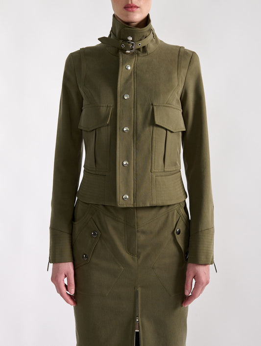 Khaki stretch gabardine high-collar jacket