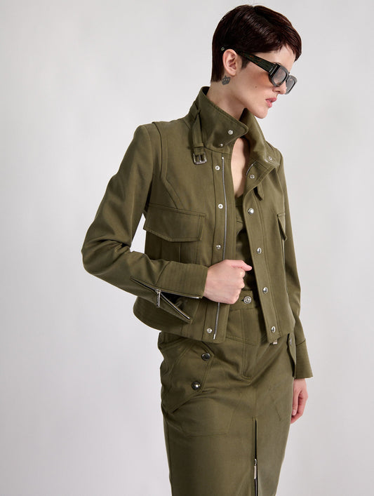 Khaki stretch gabardine high-collar jacket