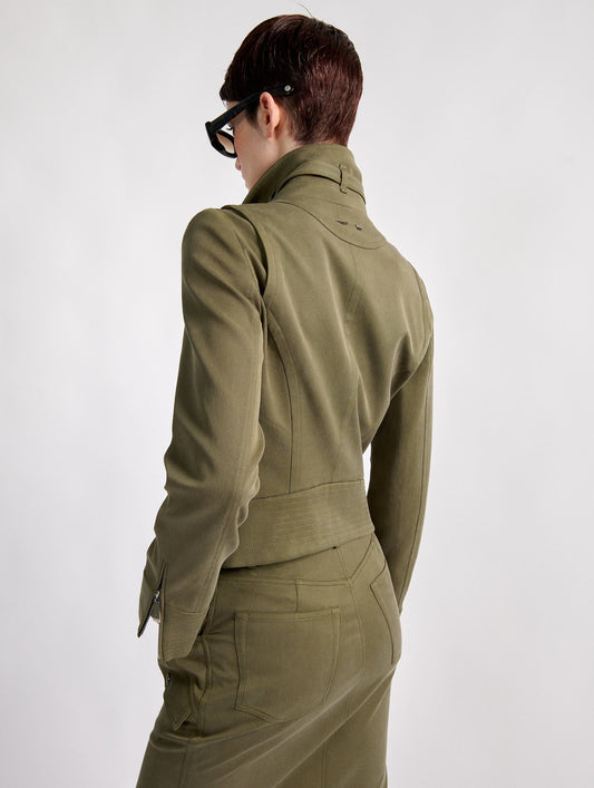 Khaki stretch gabardine high-collar jacket