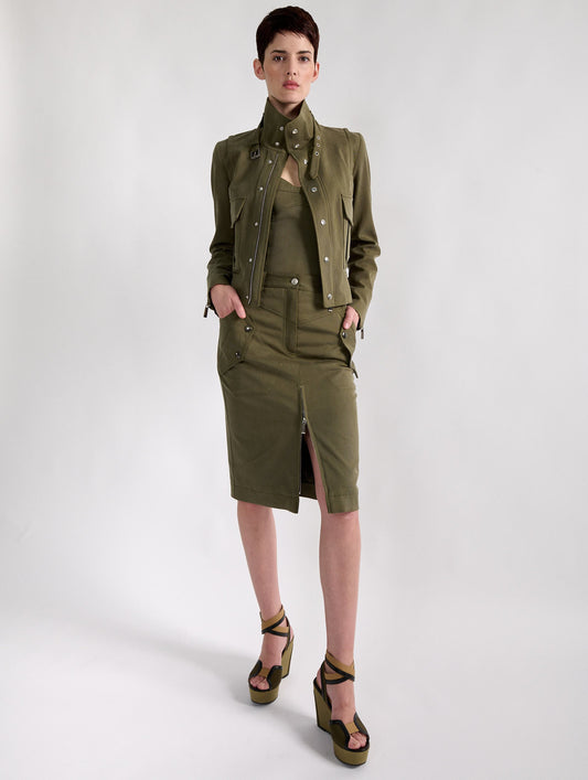 Khaki stretch gabardine high-collar jacket