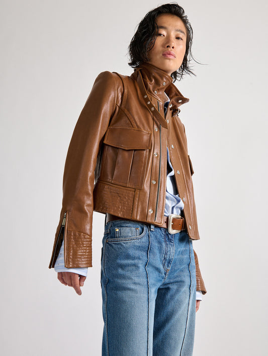 Camel leather high-collar jacket