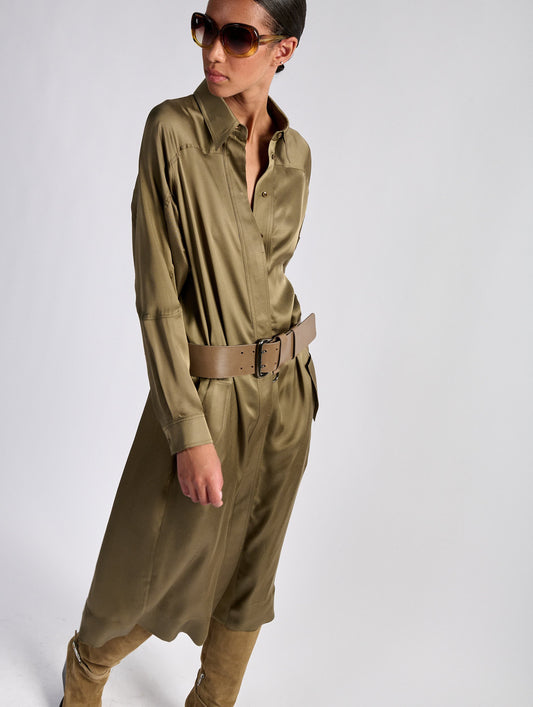 Olive green lightweight viscose satin shirt dress