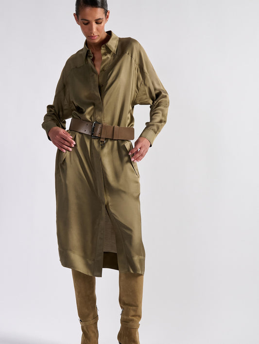 Olive green lightweight viscose satin shirt dress