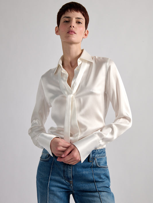 Ivory silk satin lavallière shirt