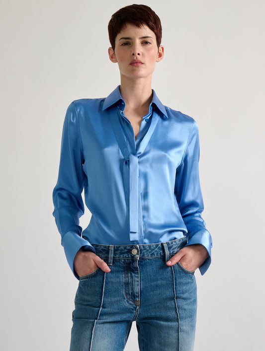 Blue silk satin lavallière shirt