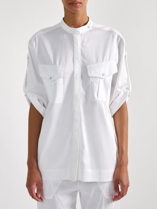 White mercerised satin patch pocket shirt