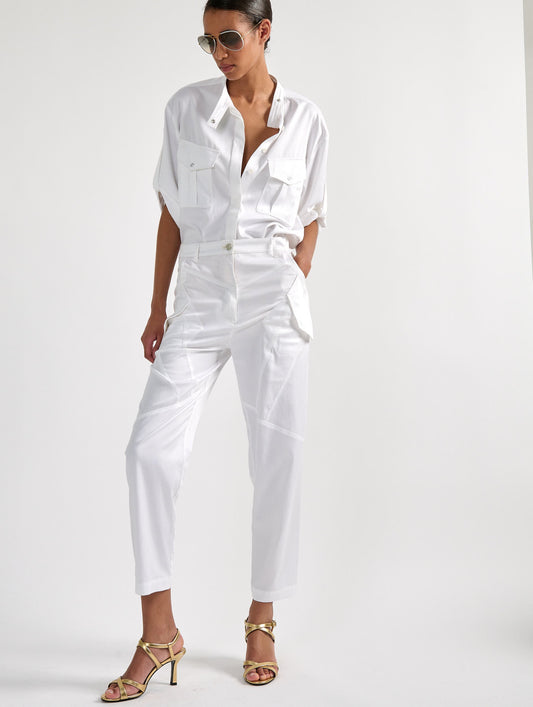 White mercerised satin patch pocket shirt