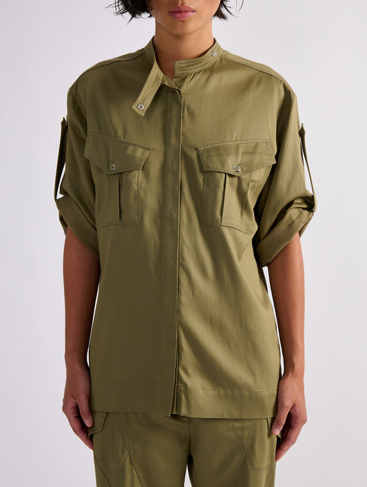 Khaki mercerised satin patch pocket shirt