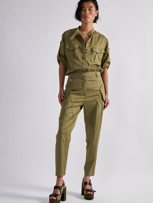 Khaki mercerised satin patch pocket shirt