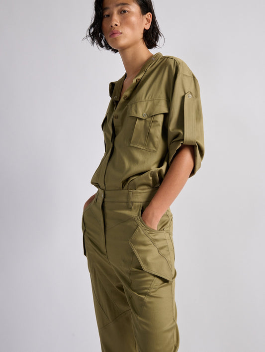 Khaki mercerised satin patch pocket shirt