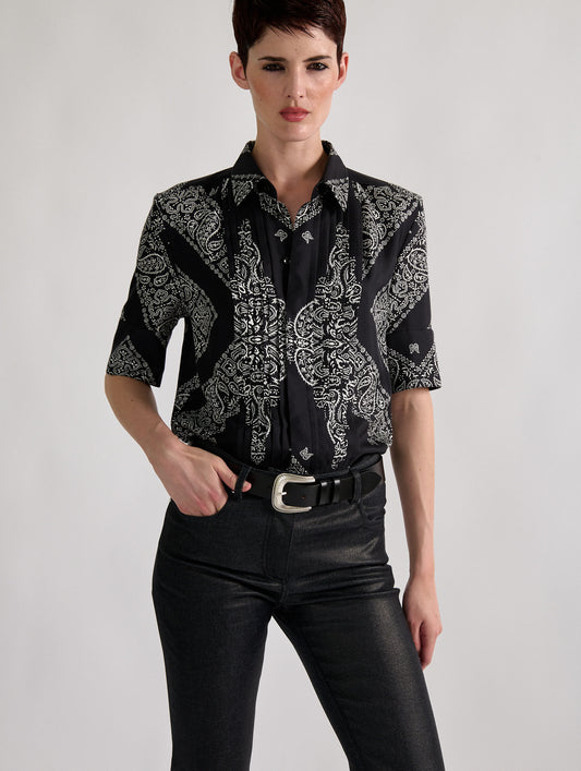 Bandana-print silk twill bib shirt