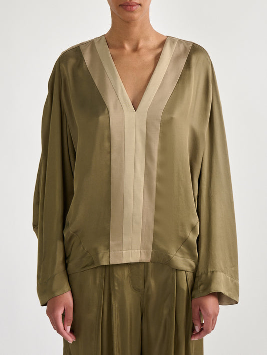 Khaki light viscose satin long sleeve top