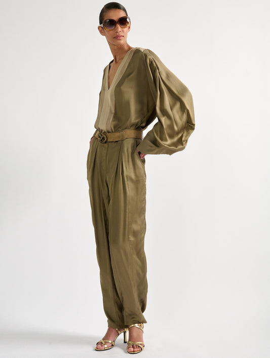 Khaki light viscose satin long sleeve top