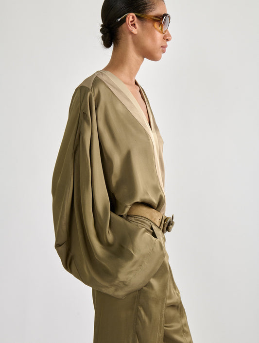 Khaki light viscose satin long sleeve top