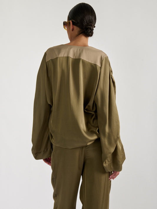 Khaki light viscose satin long sleeve top