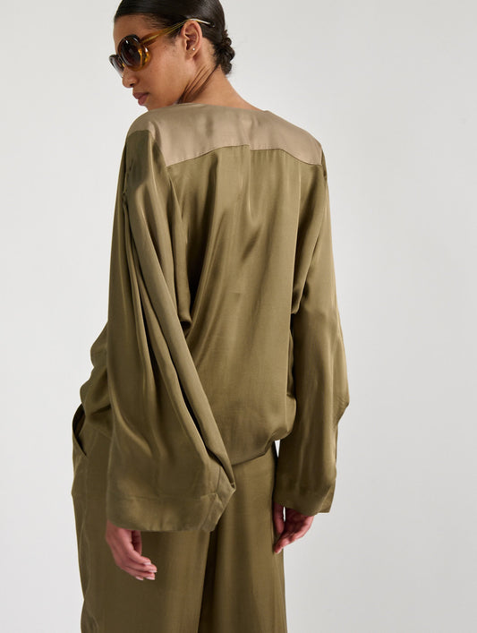 Khaki light viscose satin long sleeve top