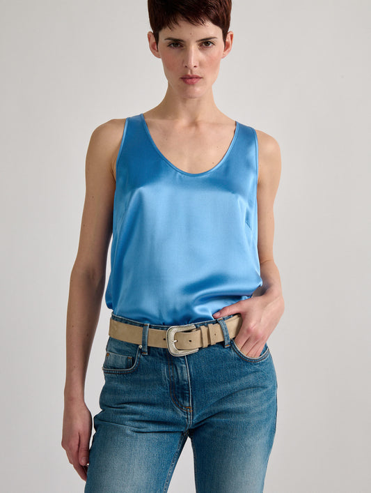 Blue silk satin tank top