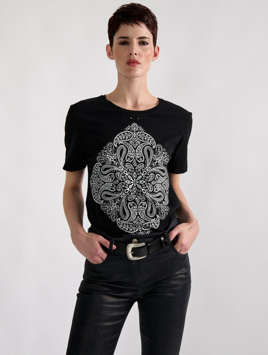 Screen-printed bandana tee-shirt in black cotton jersey