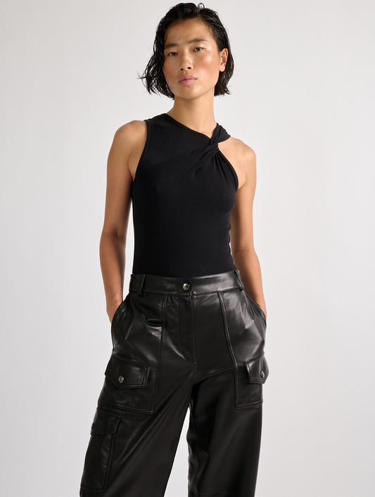 Asymmetric drapé tee-shirt in black ribbed jersey