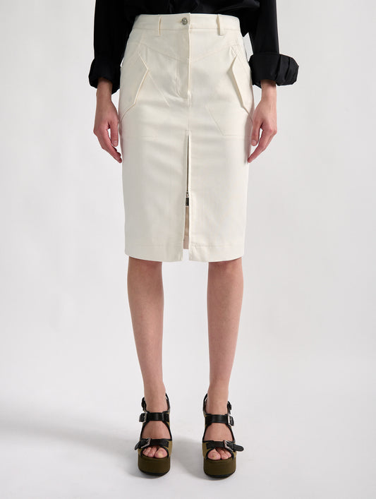 Zipped pencil skirt in ivory stretch gabardine