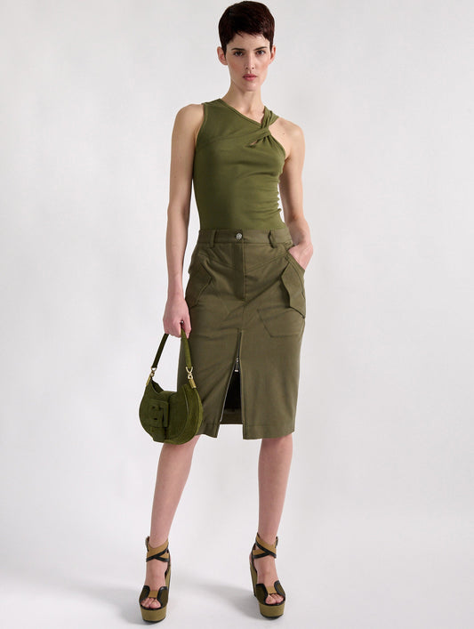 Zipped pencil skirt in khaki stretch gabardine