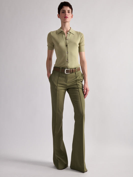 Olive green stretch wool gabardine bootleg trousers