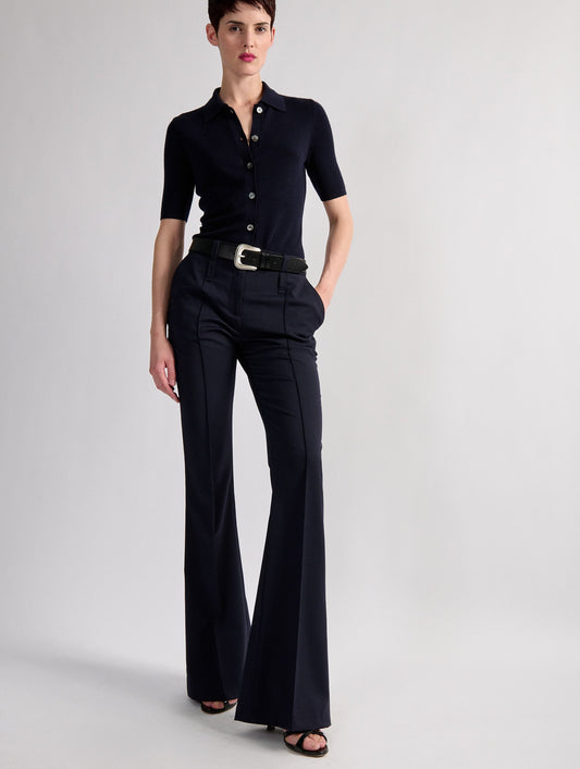 Navy stretch wool gabardine bootleg trousers