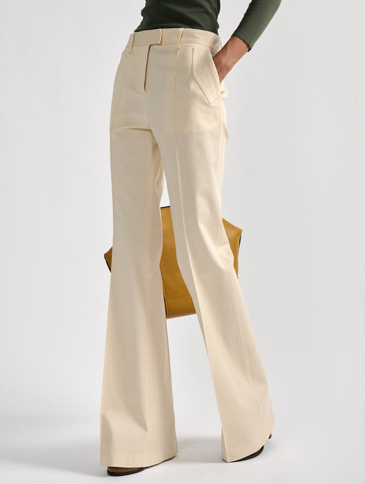 Sand stretch cotton gabardine bootcut trousers