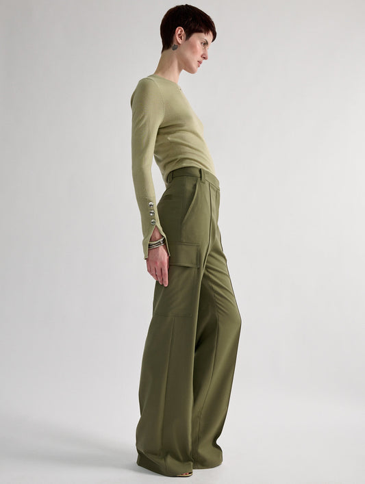 Olive green stretch wool gabardine cargo trousers