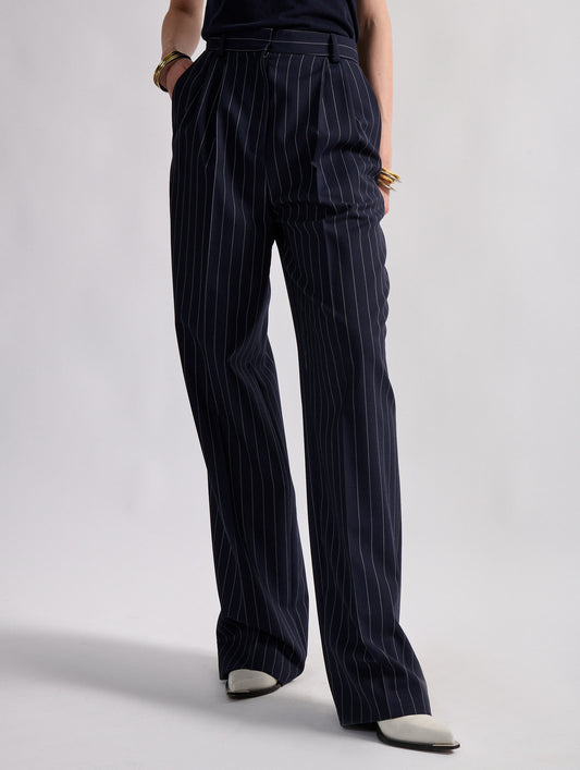 Navy tennis stripe high-waisted pleated trousers