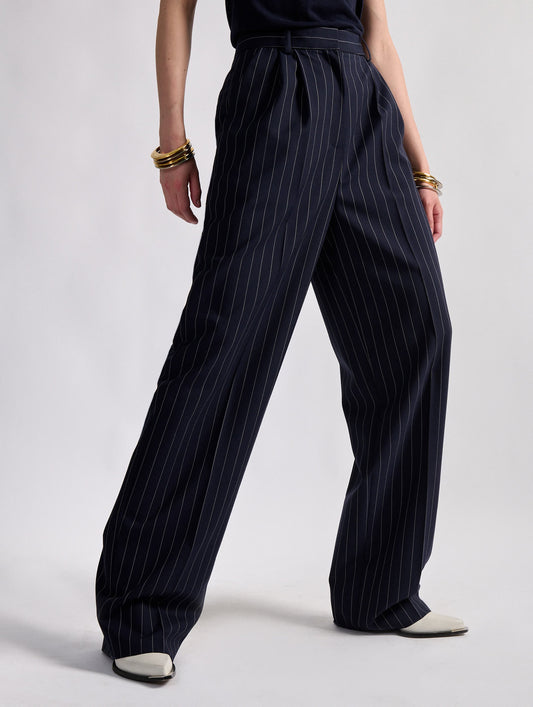 Navy tennis stripe high-waisted pleated trousers