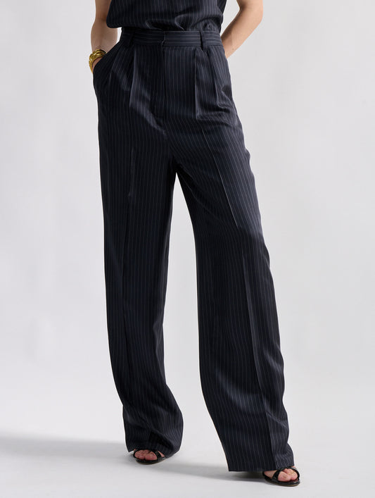 Tennis stripe print silk twill high-waisted pleated trousers