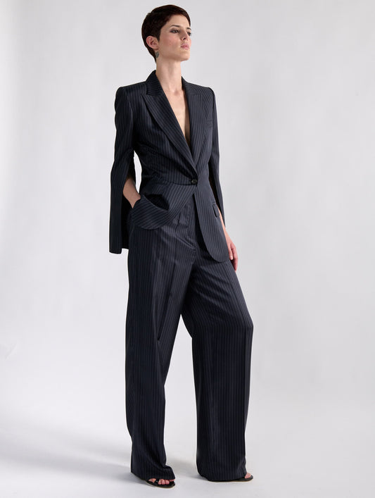 Tennis stripe print silk twill high-waisted pleated trousers