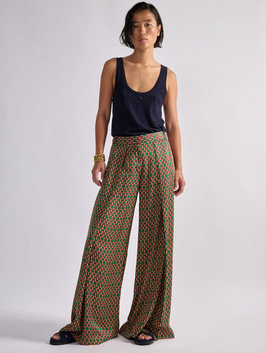 Samurai print satin wide-leg trousers