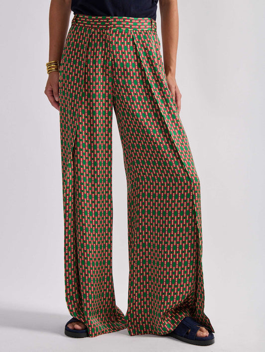Samurai print satin wide-leg trousers