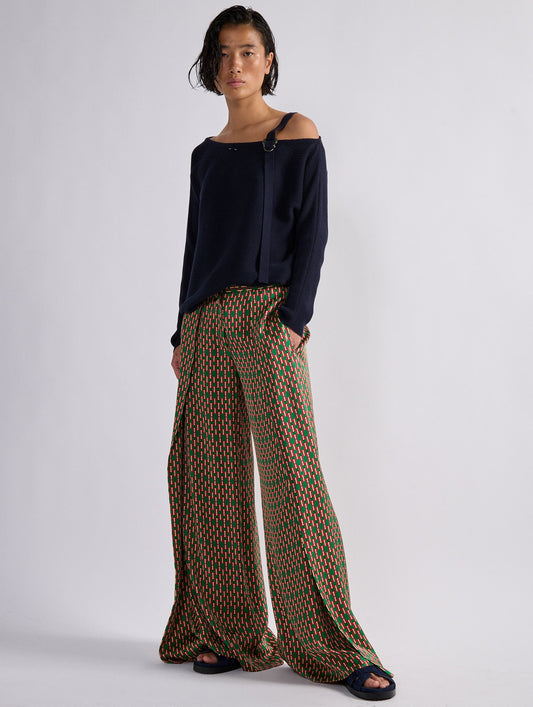 Samurai print satin wide-leg trousers