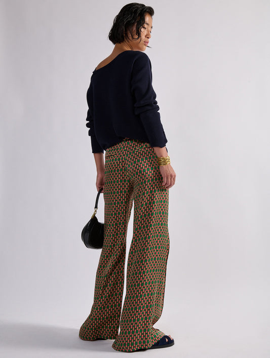 Samurai print satin wide-leg trousers