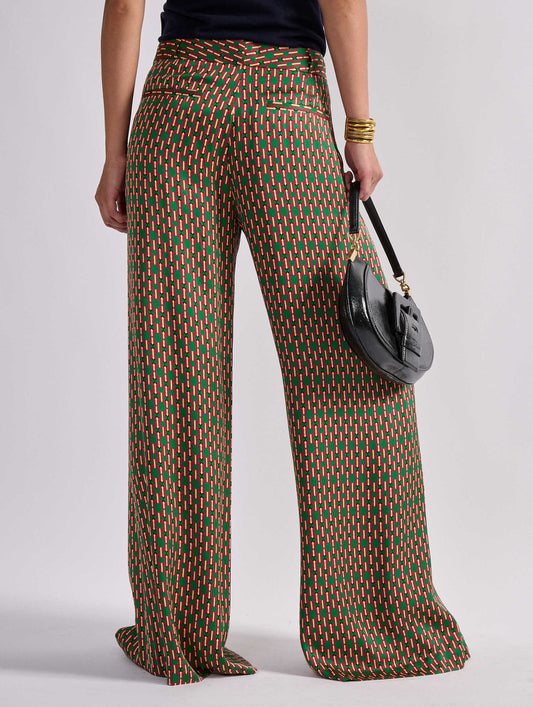 Samurai print satin wide-leg trousers