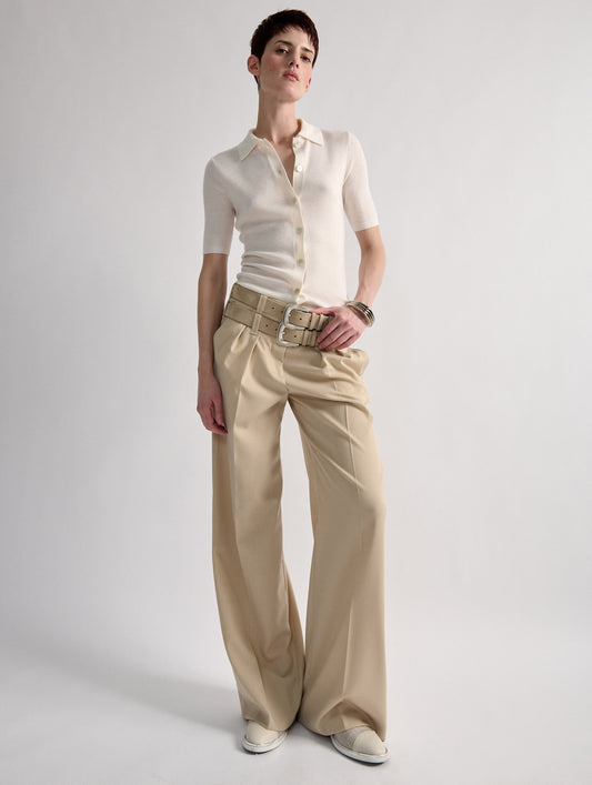 Sand stretch wool gabardine wide-leg trousers