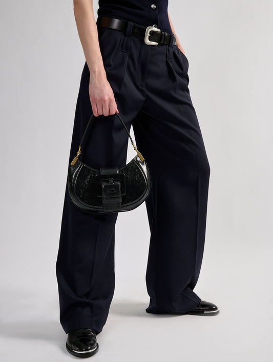 Navy stretch wool gabardine wide-leg trousers