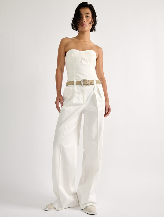 White stretch cotton gabardine wide-leg trousers