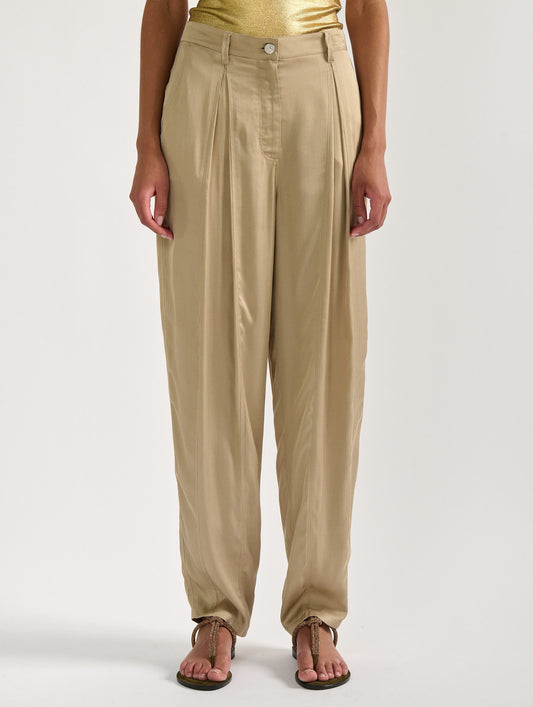 Sand lightweight viscose satin pleated trousers