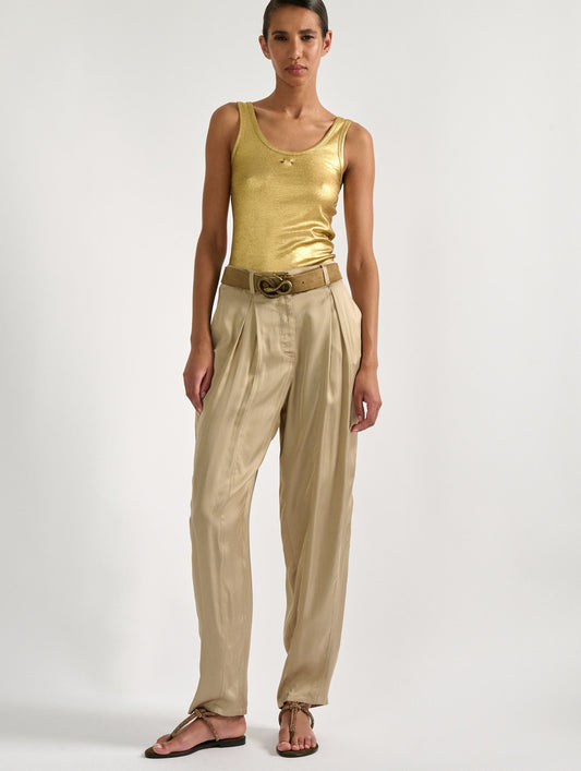 Sand lightweight viscose satin pleated trousers