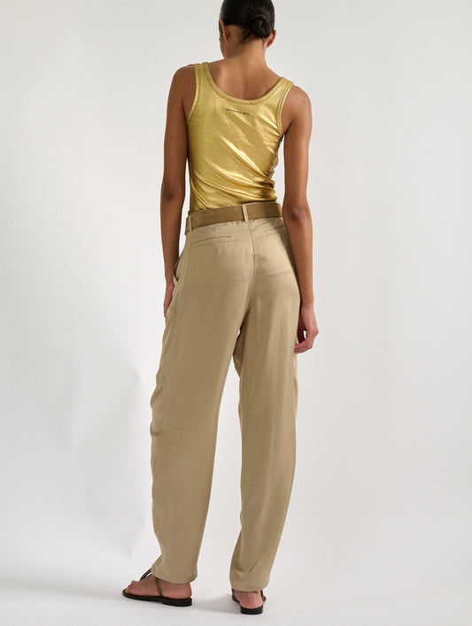 Sand lightweight viscose satin pleated trousers