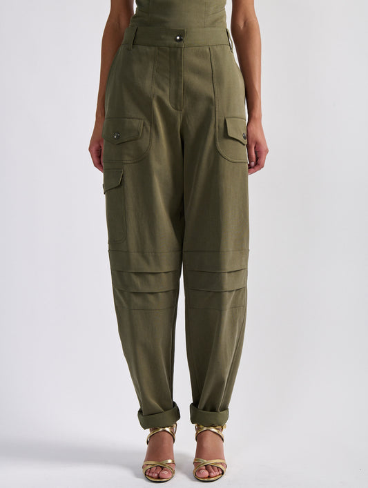 Khaki stretch gabardine cargo trousers