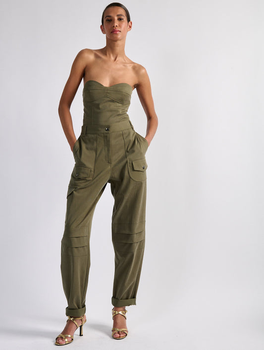 Khaki stretch gabardine cargo trousers