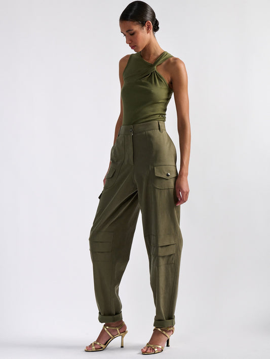 Khaki stretch gabardine cargo trousers