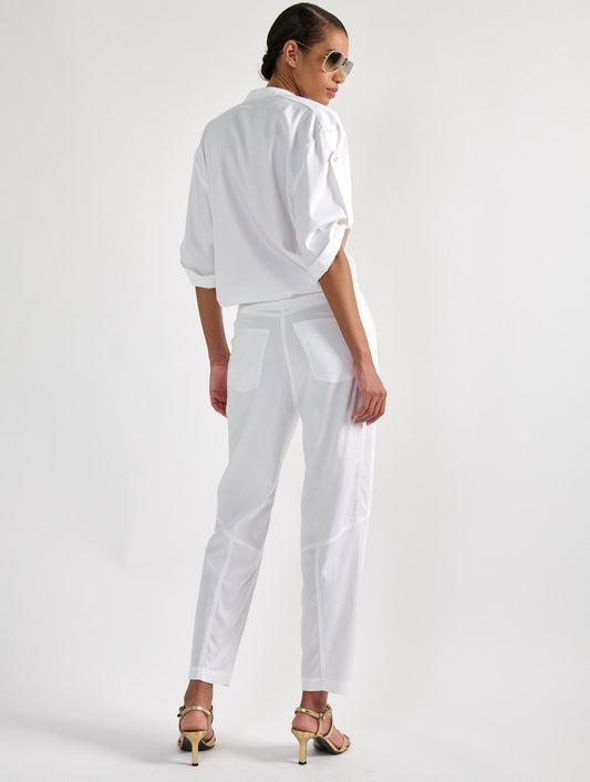 White mercerised satin cargo trousers